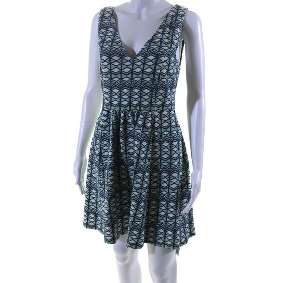 Maeve Anthropologie Womens Geometric Print V Neck A Line Dress Green Blue Size 1 - Picture 2 of 7